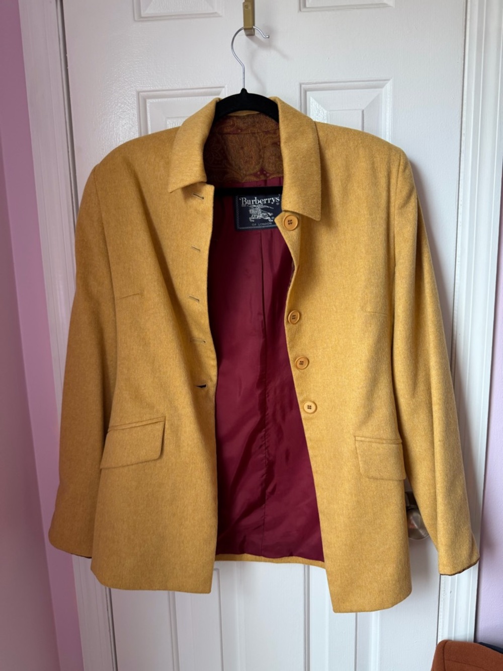 Burberry Mustard Yellow Coat with Burgundy Lining